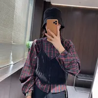 1518韩系超好看复古单件格子宽松休闲圆领长袖衬衫早秋季薄款上衣