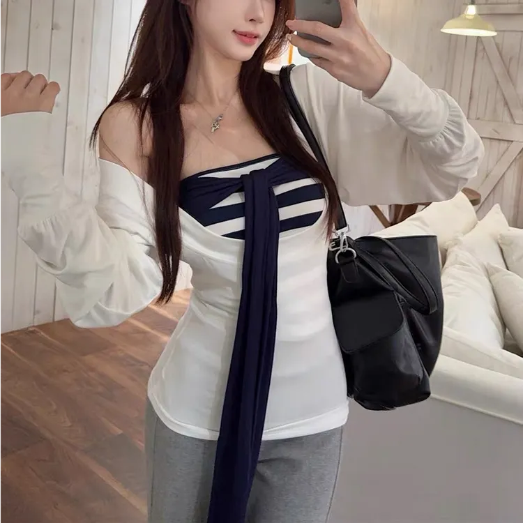 纯欲白色u领长袖T恤女秋季修身收腰设计感上衣叠穿条纹抹胸两件套