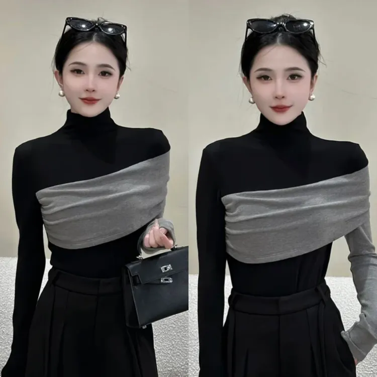 欧货撞色拼接不规则半高领长袖t恤女2025秋冬修身显瘦打底衫上衣