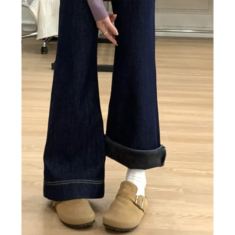 美式深蓝加绒微喇牛仔裤女2025秋冬爆款高腰弹力宽松拖地喇叭裤子