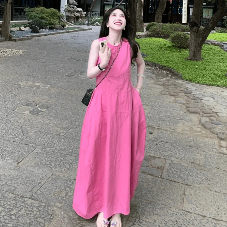 夏日绝美长裙子多巴胺独特漂亮气质高级感超仙显瘦粉色无袖连衣裙