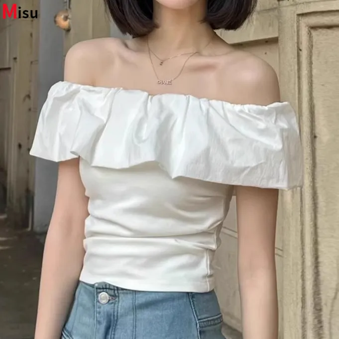 MISU法式荷叶领一字露肩白衬衫女设计感独特漂亮小衫夏季修身纯欲