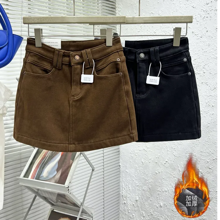 咖色加绒牛仔短裙女2025秋冬新款复古高腰显瘦辣妹A字包臀半身裙