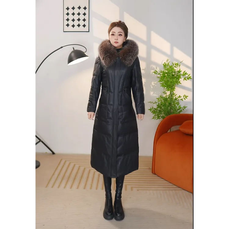 真皮鹅绒服连帽款中长款头层绵羊皮狐狸毛领鹅绒服皮羽绒保暖显瘦