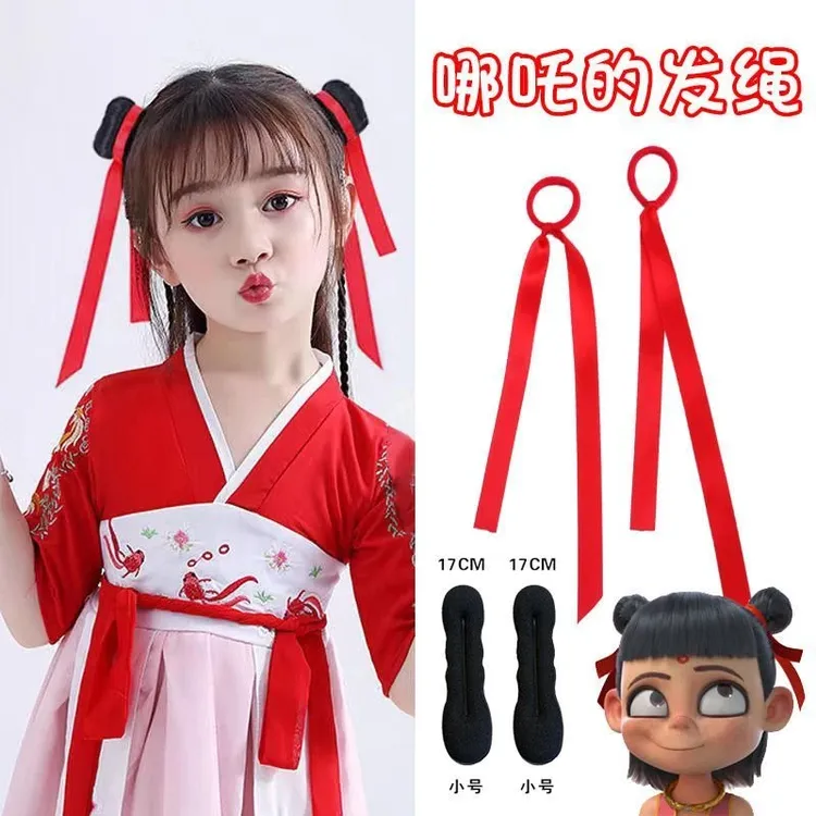 儿童哪吒同款cos魔童闹海红发绳飘带双丸子头发饰超萌红织带V605