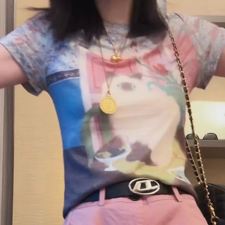 时尚设计感轻薄透气复古油画猫咪短袖T恤女2025夏季新款圆领上衣