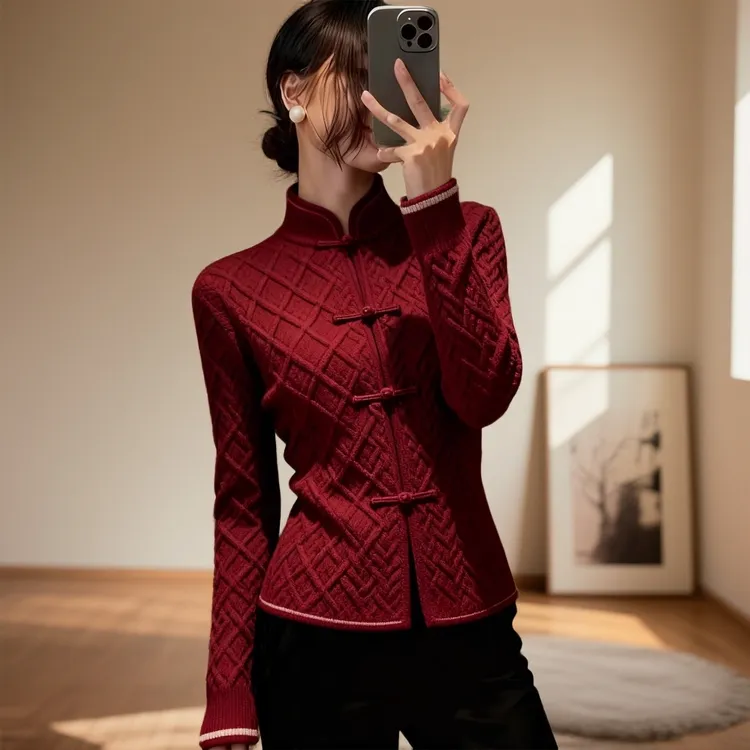 复古风新年立领盘扣红色针织开衫女秋冬圣诞洋气时尚复古显瘦上衣