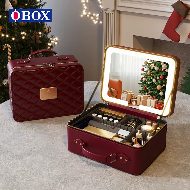 OBOX带镜子LED灯化妆包2025新款安可拉红便携式防水大容量化妆箱