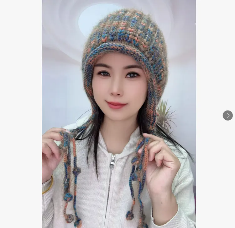 新款手工秋冬加绒加厚流苏时尚帽子护耳护脸保暖包头针织毛线帽女