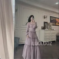 【现货】LUOLUOZ【爱神信筏】绝美紫色褶皱设计收腰长款连衣裙JF615