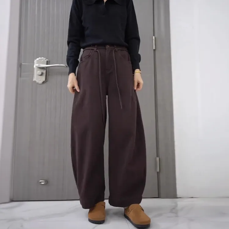 2025秋冬加厚加绒哈伦老爹裤显瘦百搭女士宽松高腰阔腿牛仔长裤子