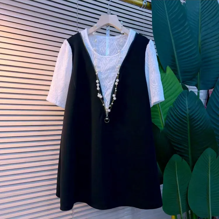 春季新款欧洲站时尚洋气韩版宽松假两件拼接款半袖大衫（衣长70）