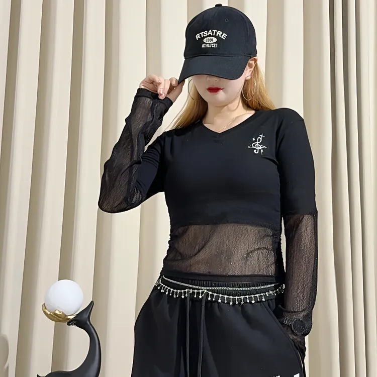 2539款秋季银丝洒金闪星宽松打底衫长袖时尚百搭高级感v领t恤拼接