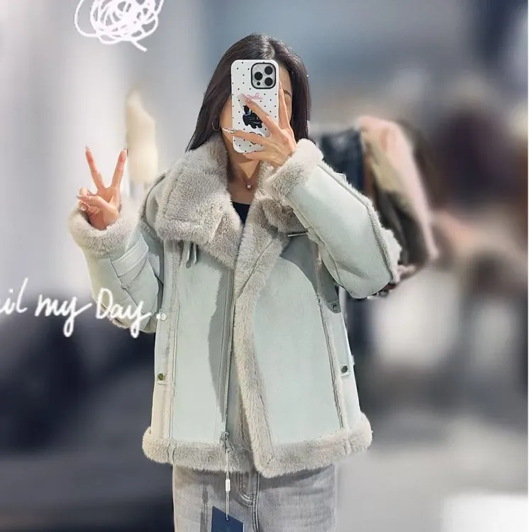 2025新款韩系通勤高端设计感机车服毛毛外套--拉链加绒加厚