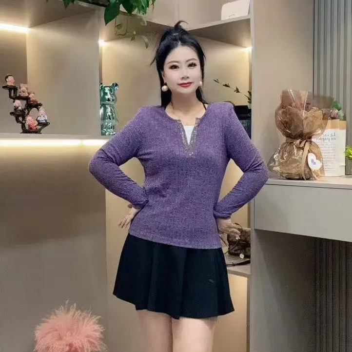 秋季打底衫-酷 3578秋季时尚大码拼接设计修身显瘦钻领休闲打底衫