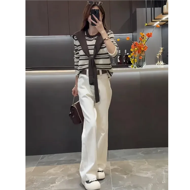 2025早秋穿搭一整套时尚条纹披肩针织衫休闲裤小个子显瘦时尚套装