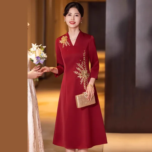 婚宴礼服喜婆婆连衣裙女2025新款洋气阔太太高贵轻奢时尚红色裙子