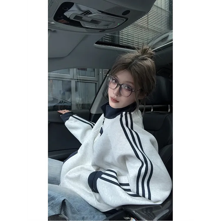 秋季新款美式学院风外套侧边三条杠设计情侣款时尚百搭开衫卫衣男