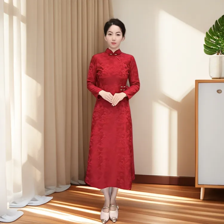 【龙凤呈祥冬款】中国风秋季红色加绒旗袍裙气质修身显瘦中长款A16