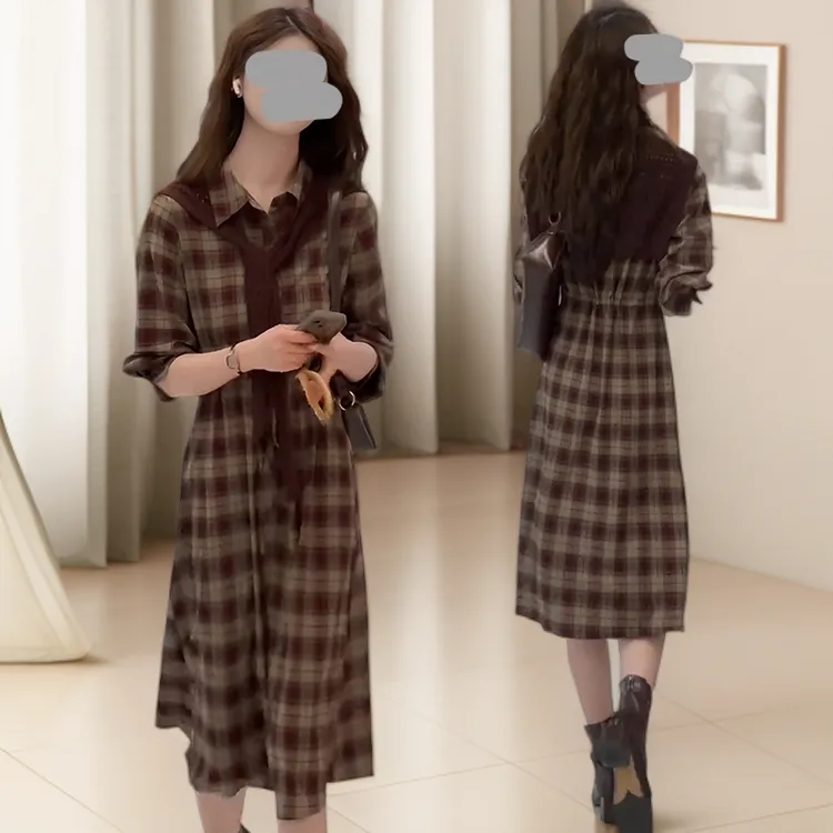 春秋季新款衬衫裙宽松慵懒盐系轻熟风减龄长款收腰复古格子连衣裙