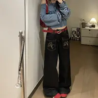 刺绣印花美式复古直筒牛仔裤女水洗宽松裤子黑色高腰设计感ins