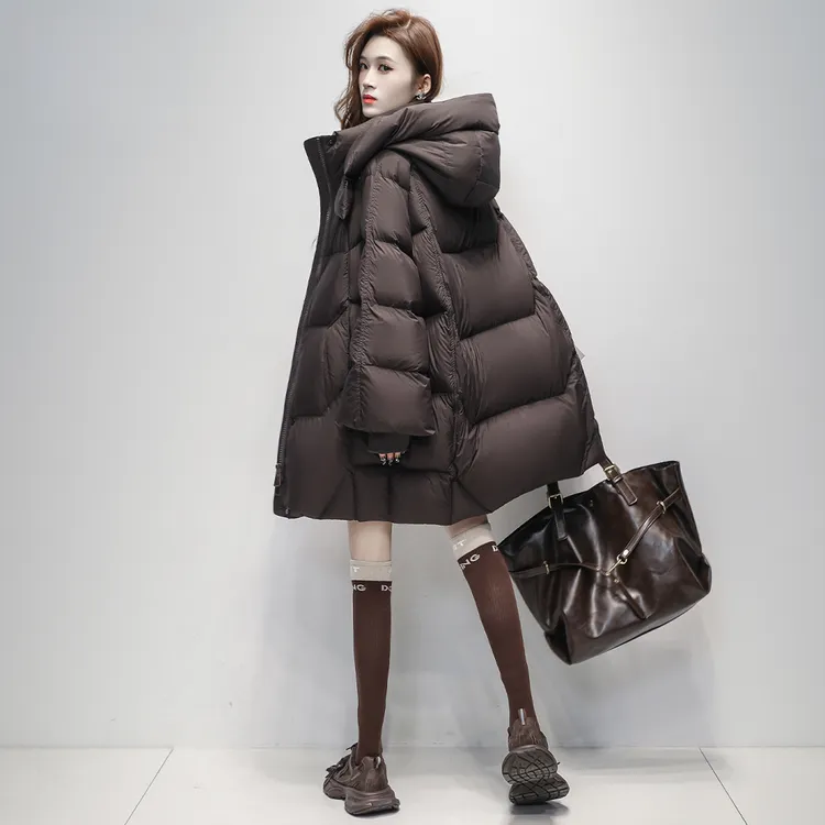 云朵泡芙白鹅绒羽绒服女中长款2025冬季新款连帽保暖时尚加厚外套