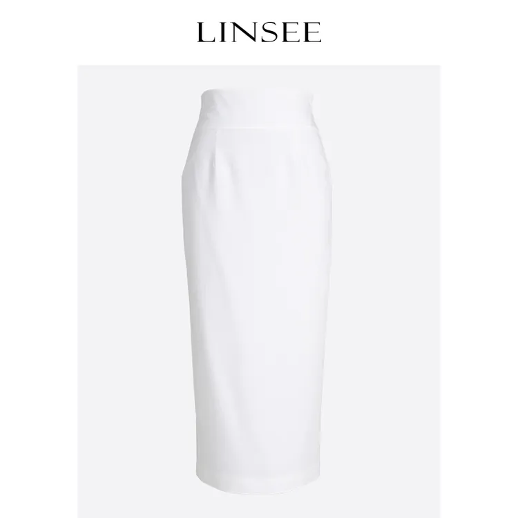 LINSEE/麟瑄开叉半身裙长款高腰显瘦白色包臀垂感半身裙/LQ5107