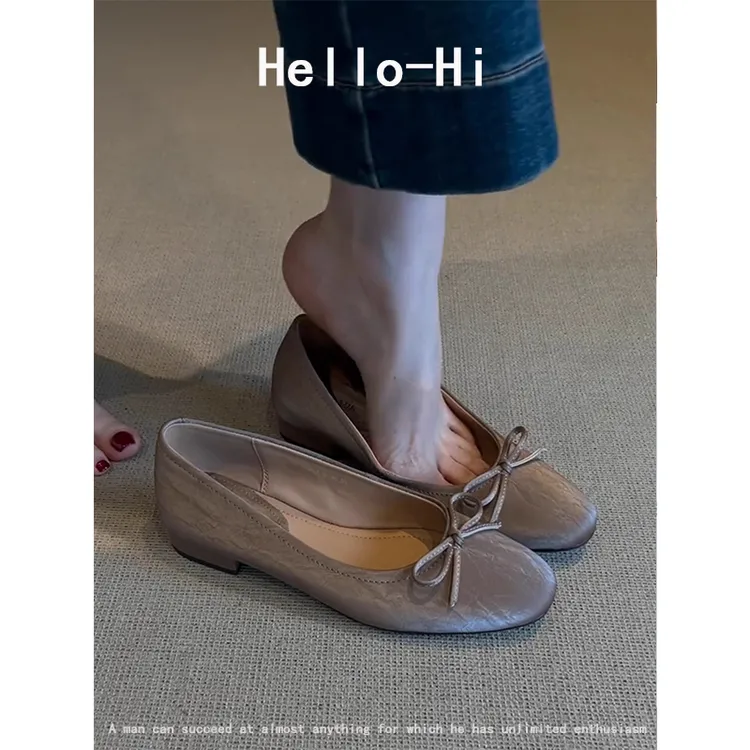 羊皮版~法式复古圆头蝴蝶结低跟浅口单鞋女百搭一脚蹬软底奶奶鞋