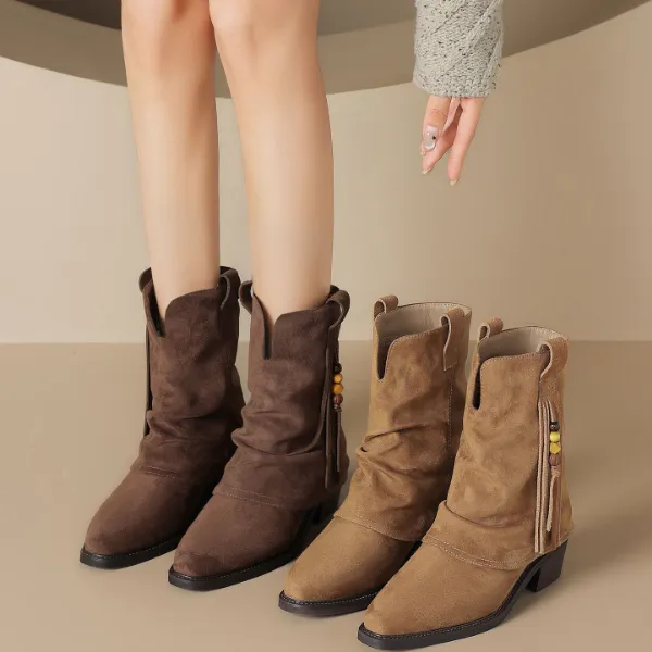 达芙妮复古绒面切尔西靴大筒围裤管靴冬季新款西部牛仔短靴马丁靴