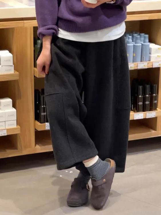 韩系八分毛呢裤女加厚大码弯刀裤小个子梨形身材胖mm灰色阔腿裤子