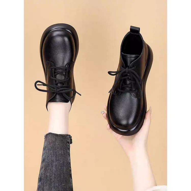 新店中筒口系带复古圆头加绒懒人鞋秋季深口时尚单鞋大皮女马丁鞋