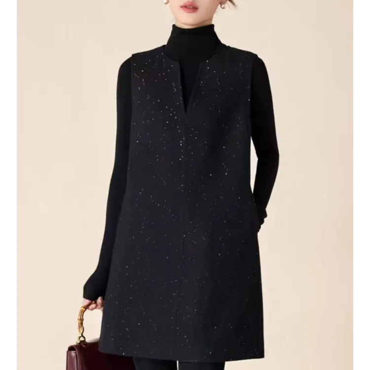 高级小香风马甲连衣裙冬季中长款A字裙女毛呢背心裙V领-518款