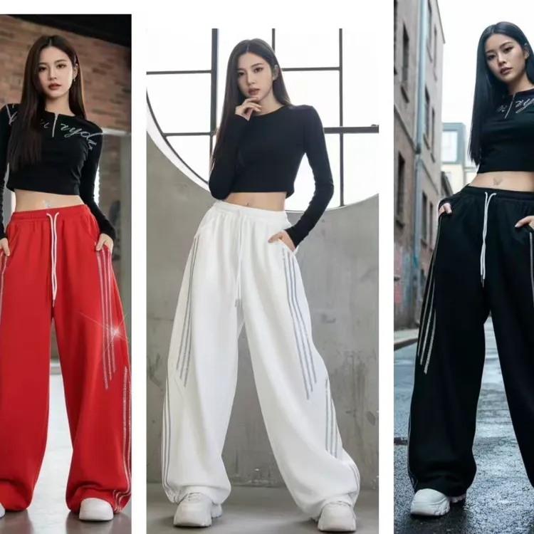 秋冬新款曳舞闪钻休闲裤显瘦微弹阔腿长裤时尚百搭跳舞裤子高腰