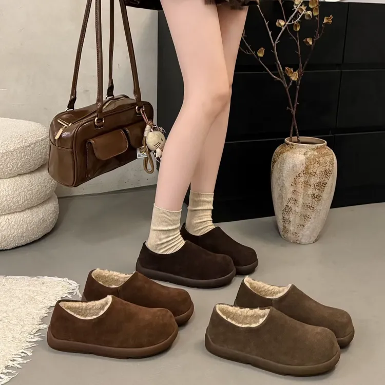 加厚加棉低帮雪地鞋勃肯鞋真皮女鞋一脚蹬懒人保暖豆豆鞋乐福鞋