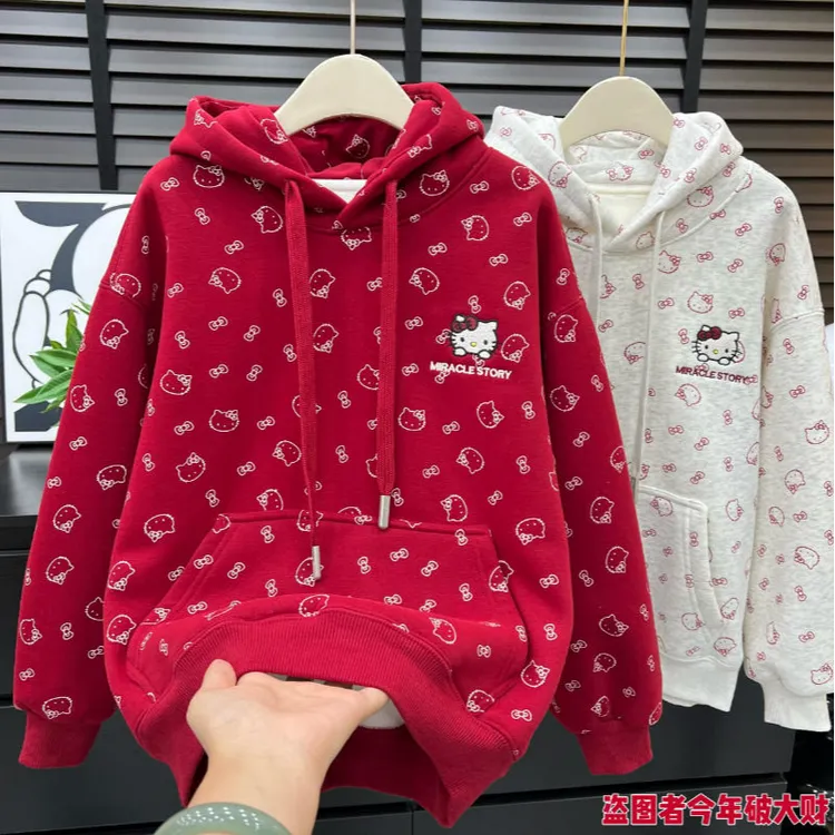 【年款】女童满印凯刺绣凯蒂猫连帽加绒卫衣中大童休闲卫衣11863