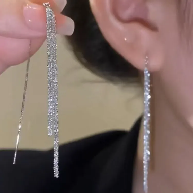 铜合金耳饰 闪闪满天星链条流苏长款耳线高级感耳坠时尚百搭耳饰