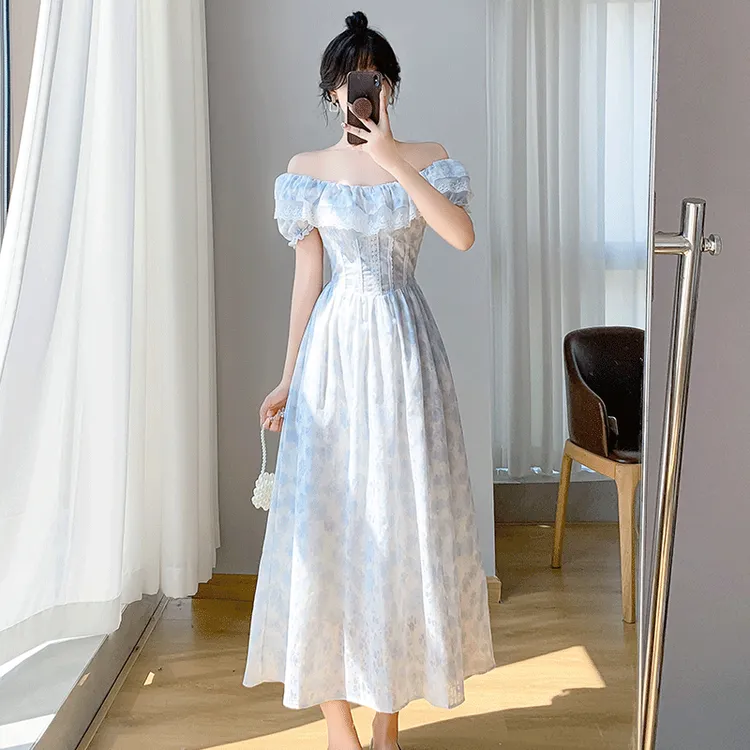 小清新甜美法式碎花一字肩连衣裙女夏季2025新款蕾丝拼接收腰长裙