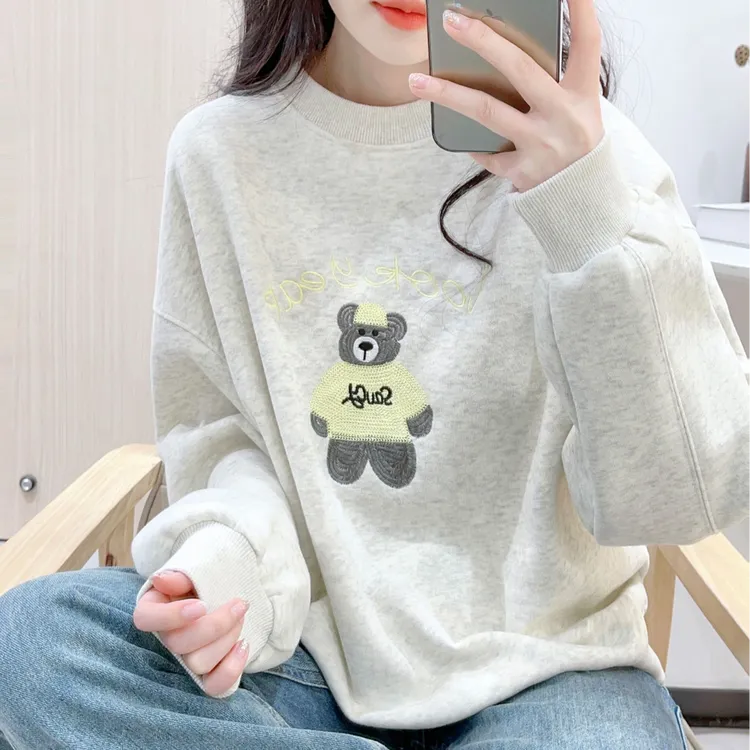 休闲松弛感卫衣女秋冬高级感穿搭减龄刺绣圆领宽松套头灰色上衣潮