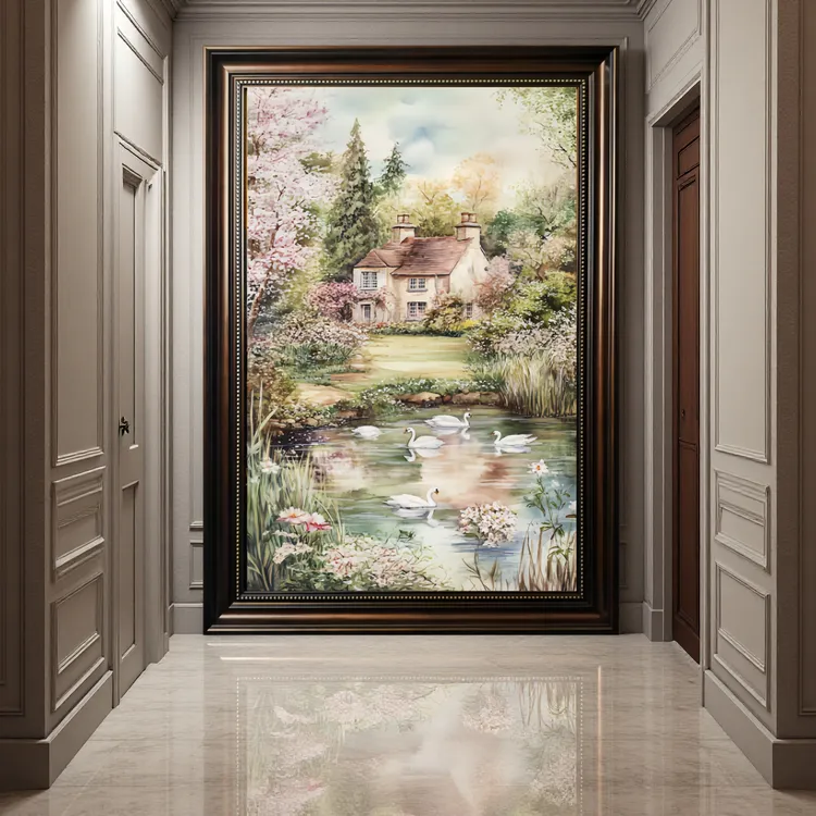 美式田园风竖版玄关壁画入户餐厅装饰风景肌理装饰