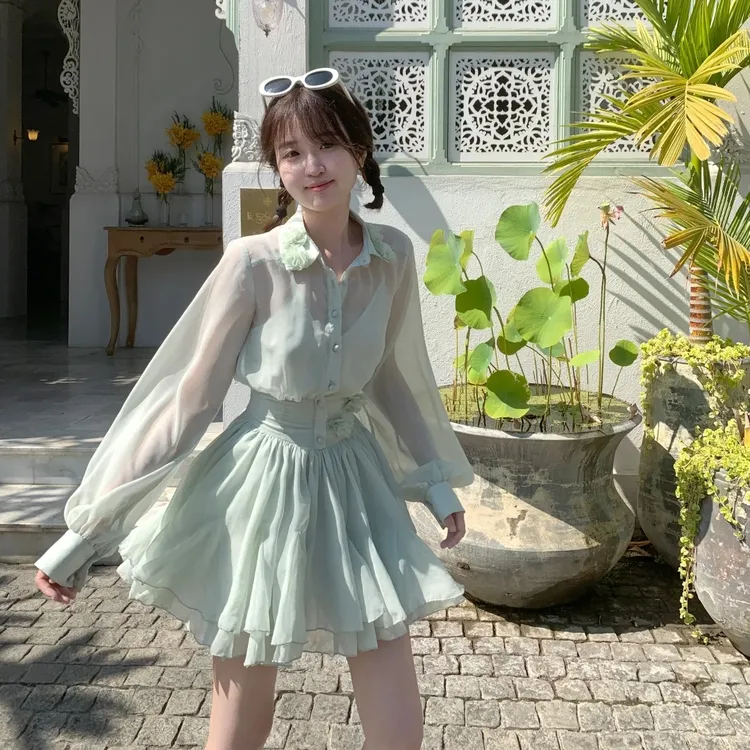 2025夏季新款ins法式甜美风chic高级感翻领长袖衬衫连衣裙女