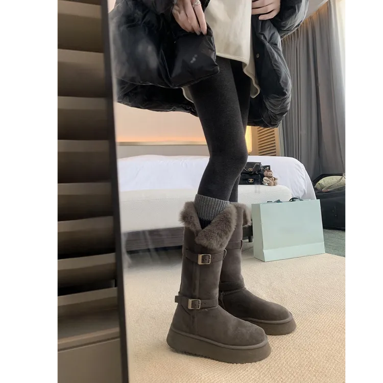 2025新款厚底毛毛加绒加厚防滑保暖棉鞋中长筒雪地靴灰色女冬季款