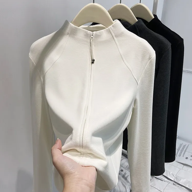立领德绒打底衫女秋冬拉链开衫外套2025新款修身卫衣长袖内搭上衣
