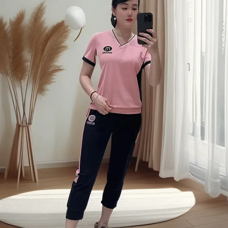 2724韩版夏季新款V领短袖上衣➕八分裤休闲运动套装