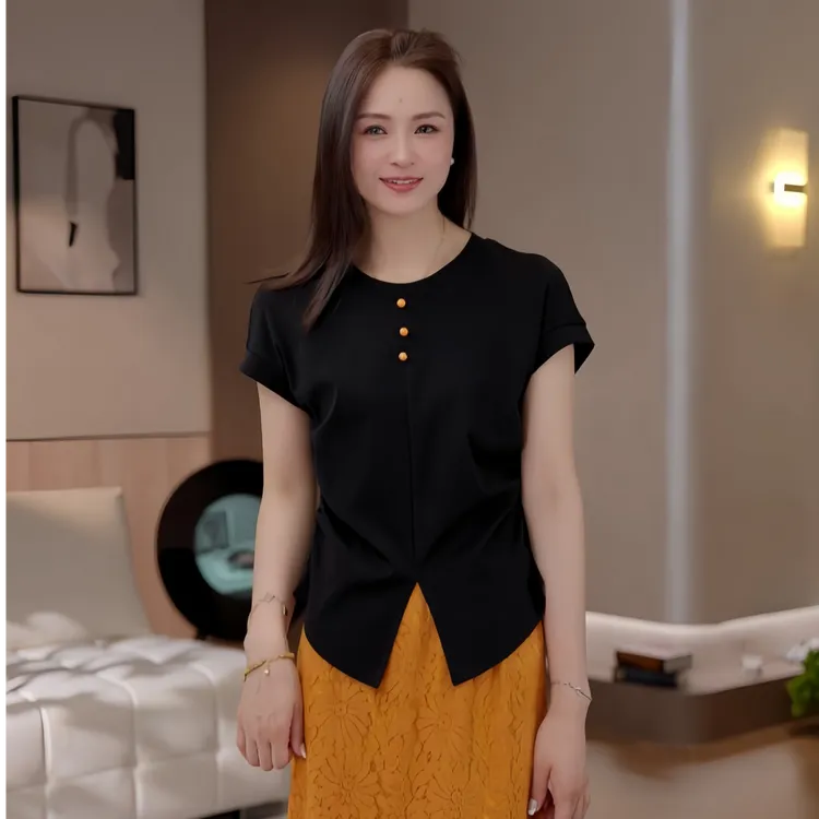 豆豆3【下摆分叉T】冰凉桑蚕丝+棉设计感T恤女夏季排扣上衣-DX1219