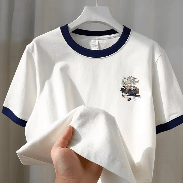 奥特莱斯~外贸清仓时尚百搭圆领撞色纯棉短袖t恤男潮流休闲上衣服