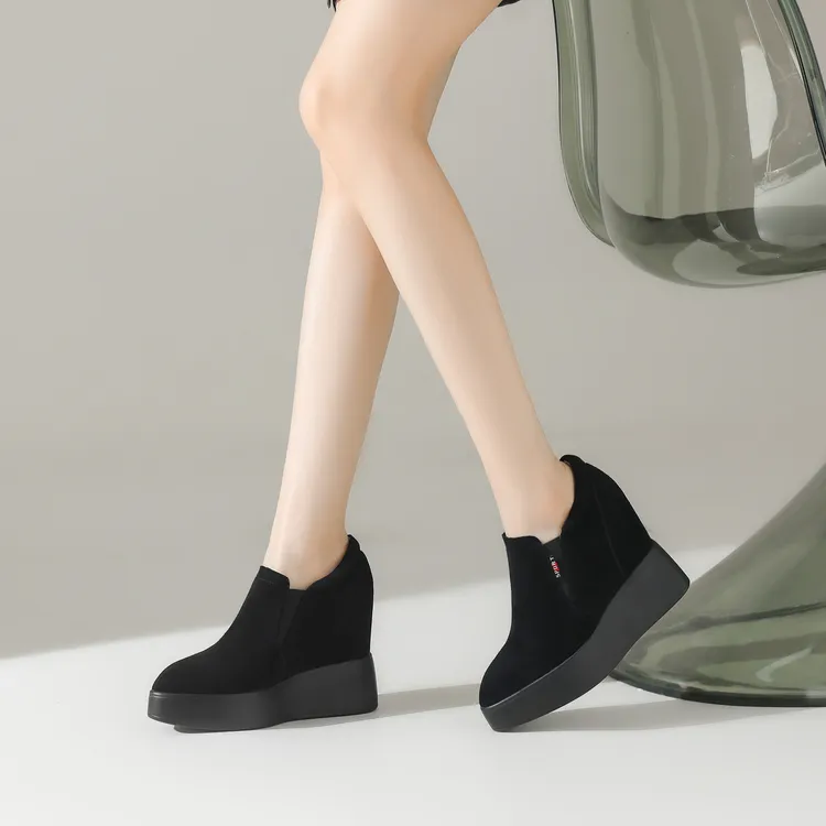 12cm小个子厚底内增高休闲女单鞋黑色磨砂皮百搭舒适高跟坡跟鞋
