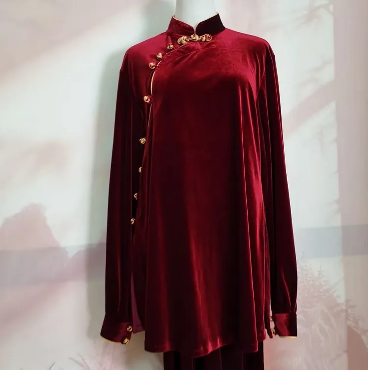 进口醋酸绒秋冬加厚直襟斜襟款防静电不吸土不沾毛太极晨练表演服