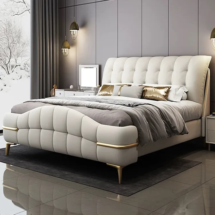 真皮主卧大床2米x2.2米双人高脚床现代简约意式高级皮艺婚床家用