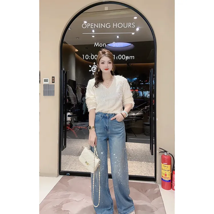 涵儿家 重工流苏V领毛毛亮片上衣 VS 春秋烫钻细闪垂感牛仔裤2602