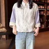 宽松重工刺绣复古国风盘扣拼接立领小衫 C8050